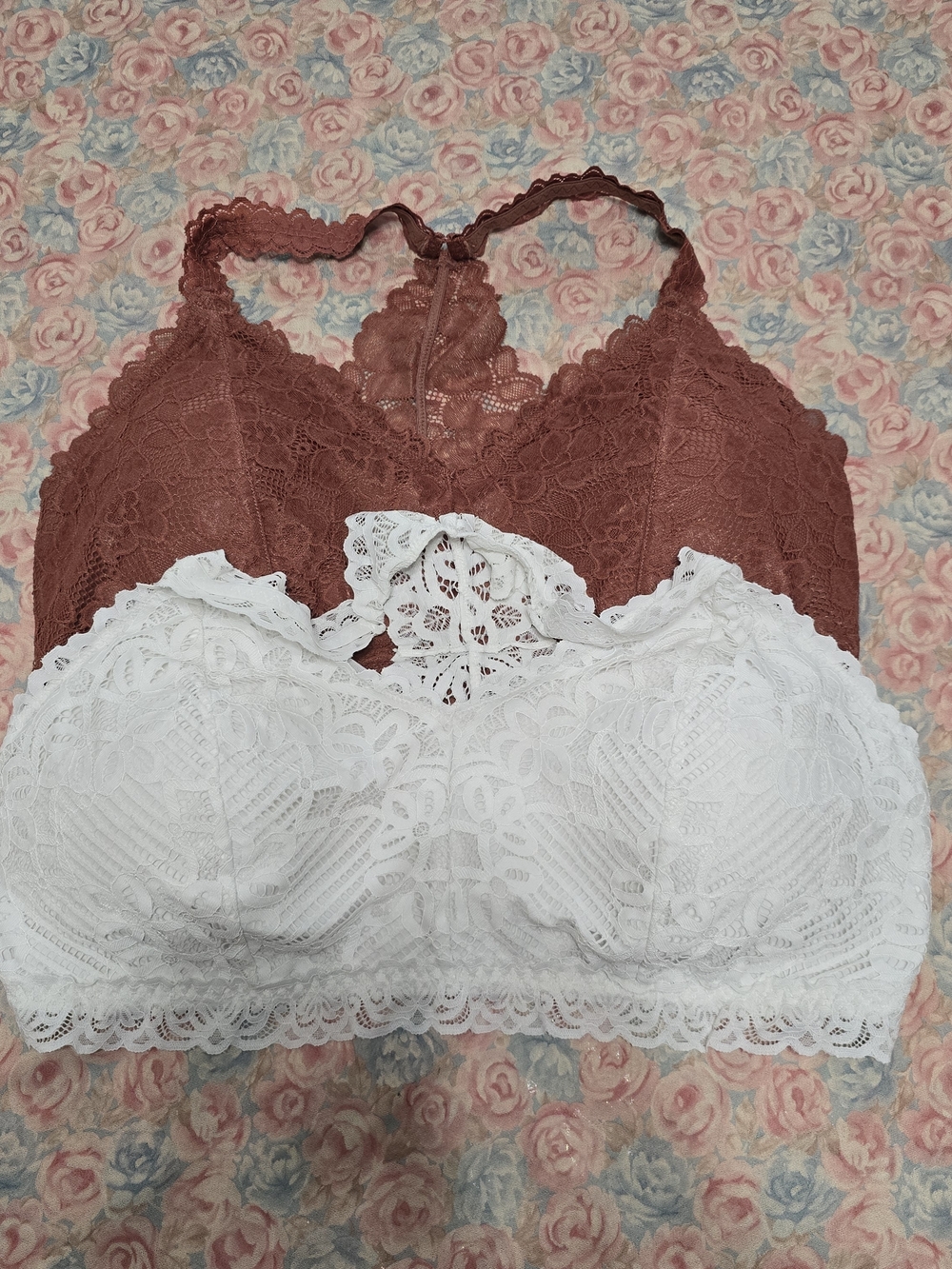 Lace Racerback Bralette Set - White & Dusty Rose